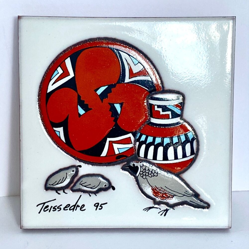 1995 Cleo Teissedre Hand Painted Ceramic Tile Quail Vase Plate Southwest 4x4in